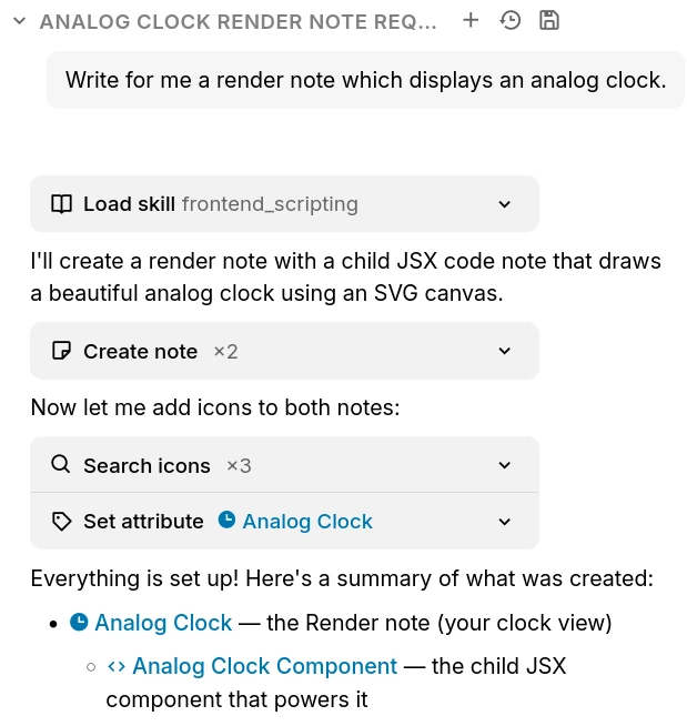 The Trilium AI chat creating notes on your behalf through built-in tools