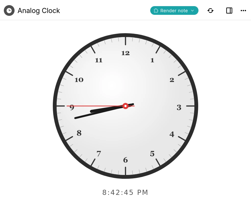 A Trilium render note displaying an interactive analog clock built with a script